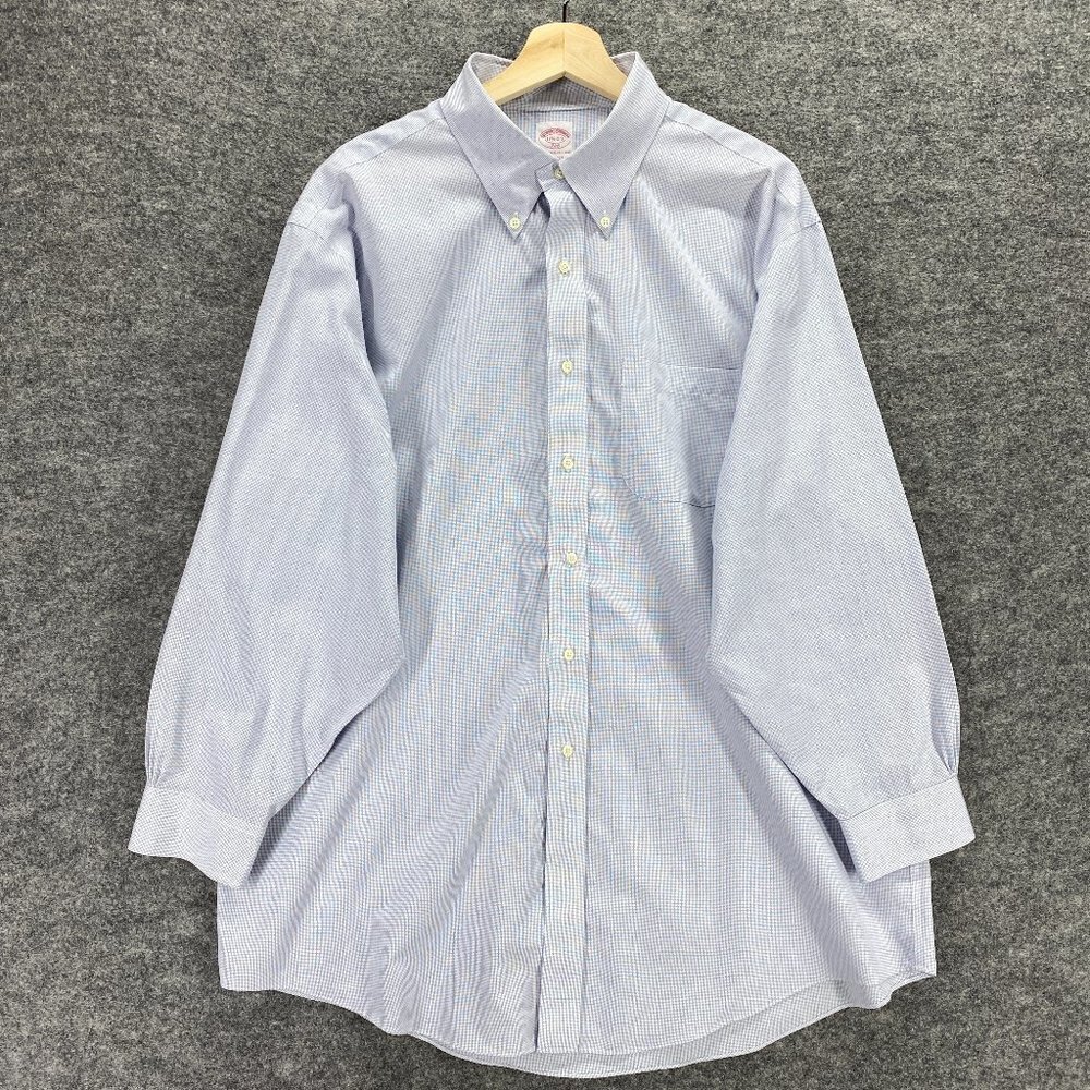 Brooks Brothers Polo Shirt Men 17 White Blue Long Sleeve Pocket Button Front Reg